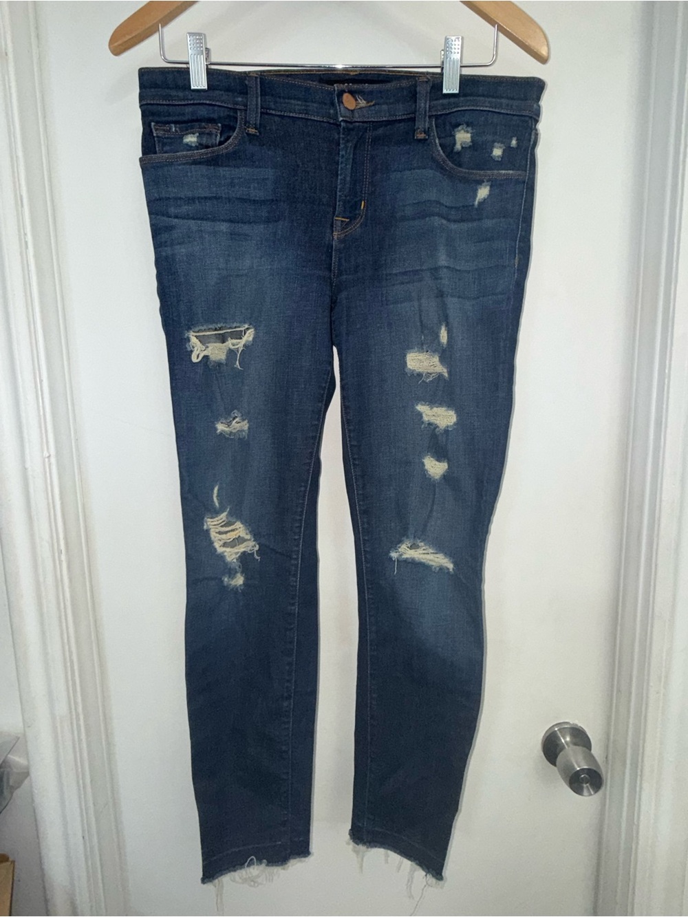 J Brand Cropped Skinny Jeans 29 Demented Trouble Blue Distressed Frayed Hem